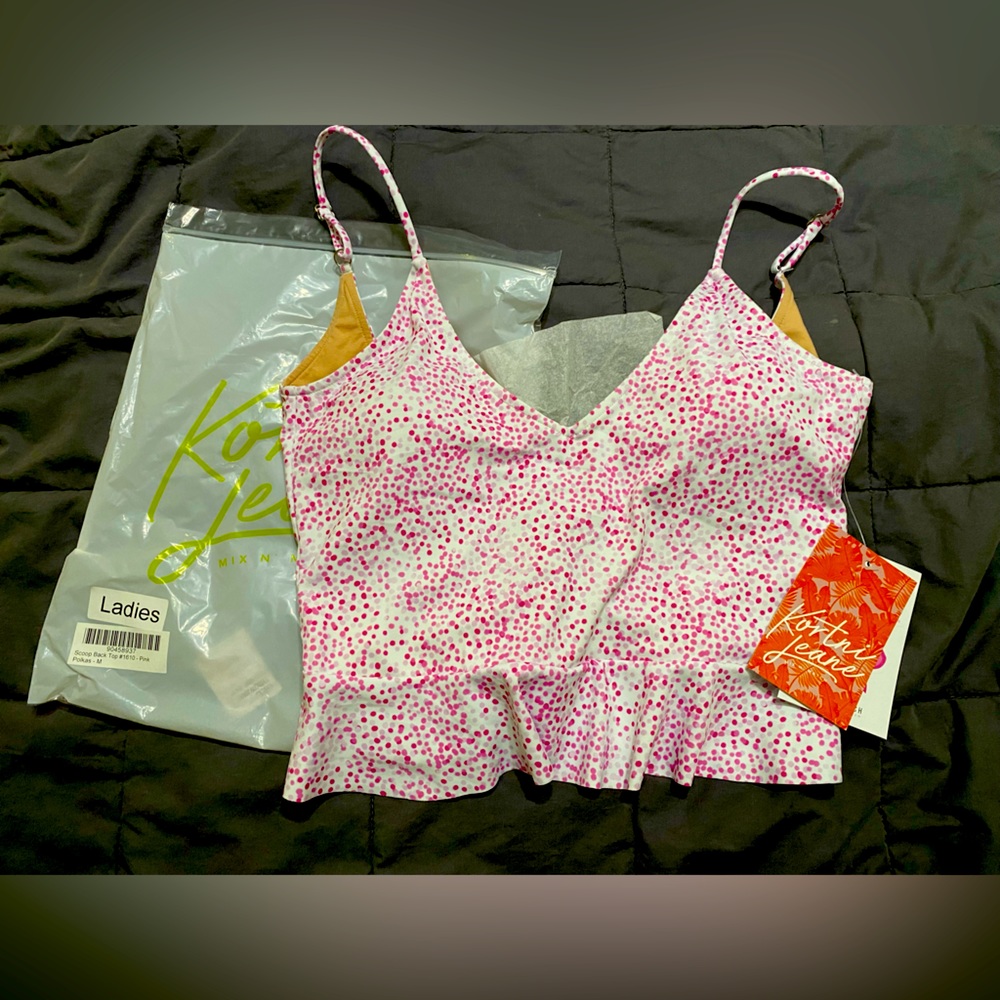 Kortni Jeane Medium Scoop Back in Pink Polka Dot pattern. Adorable top!